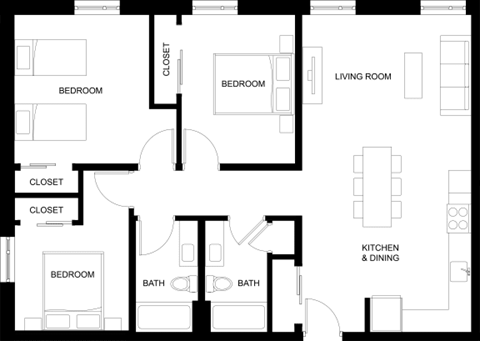 Floor plan for 3 beds, 2 baths, 1208 sqft